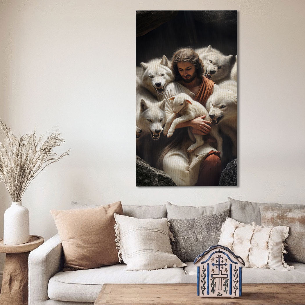 Jesus Protects the Lamb from Wolves Faith Canvas Art