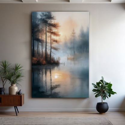 Misty Lake with Pines canvas shown in a styled room setting, view 3