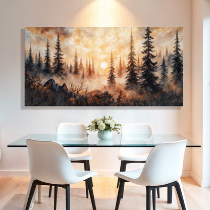 Pine Forest at a Glowing Sunset canvas shown in a styled room setting, view 3