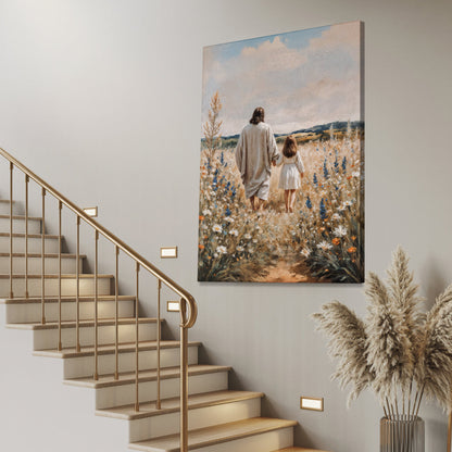 Jesus Walking With a Child in a Wildflower Meadow canvas shown in a styled room setting, view 4