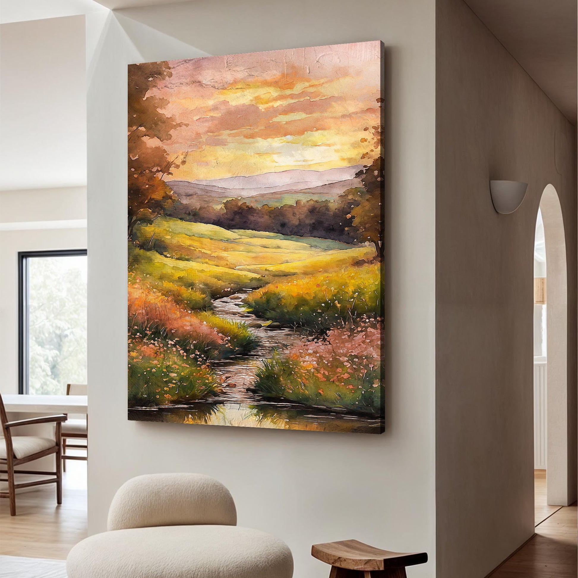Misty river landscape canvas wall art with soft morning light and serene waterway scene