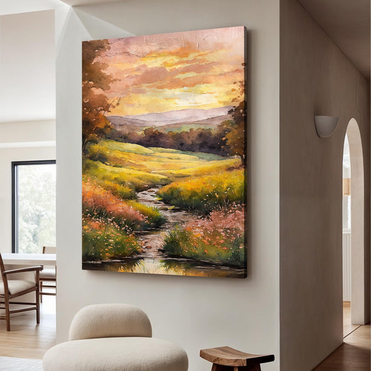 Misty river landscape canvas wall art with soft morning light and serene waterway scene