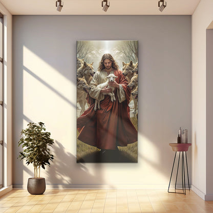 Jesus in Red Cloak Holding a Lamb Wolves canvas shown in a styled room setting, view 2