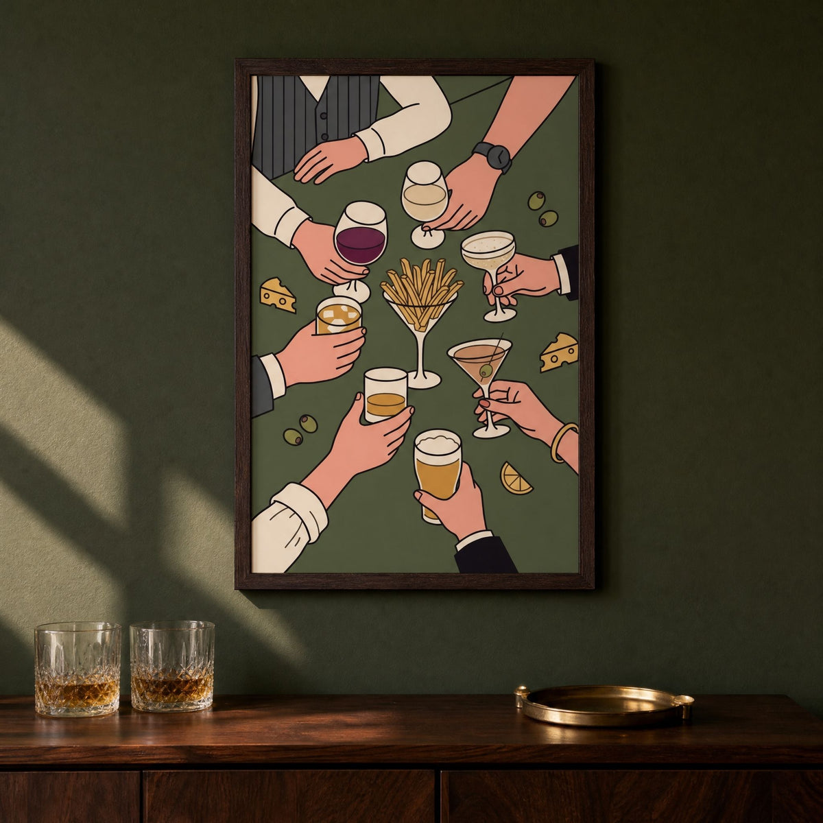 Cocktail table wall art on a deep green wall above a console with two glasses