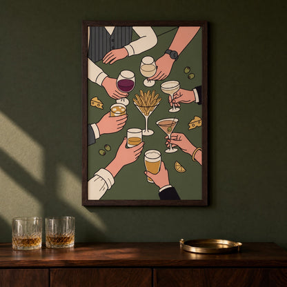 Cocktail table wall art on a deep green wall above a console with two glasses
