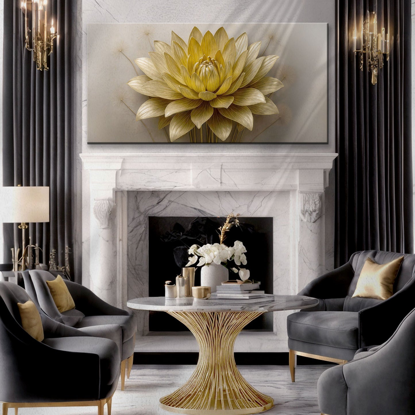 Golden Lotus Minimalist Abstract Canvas Wall Art