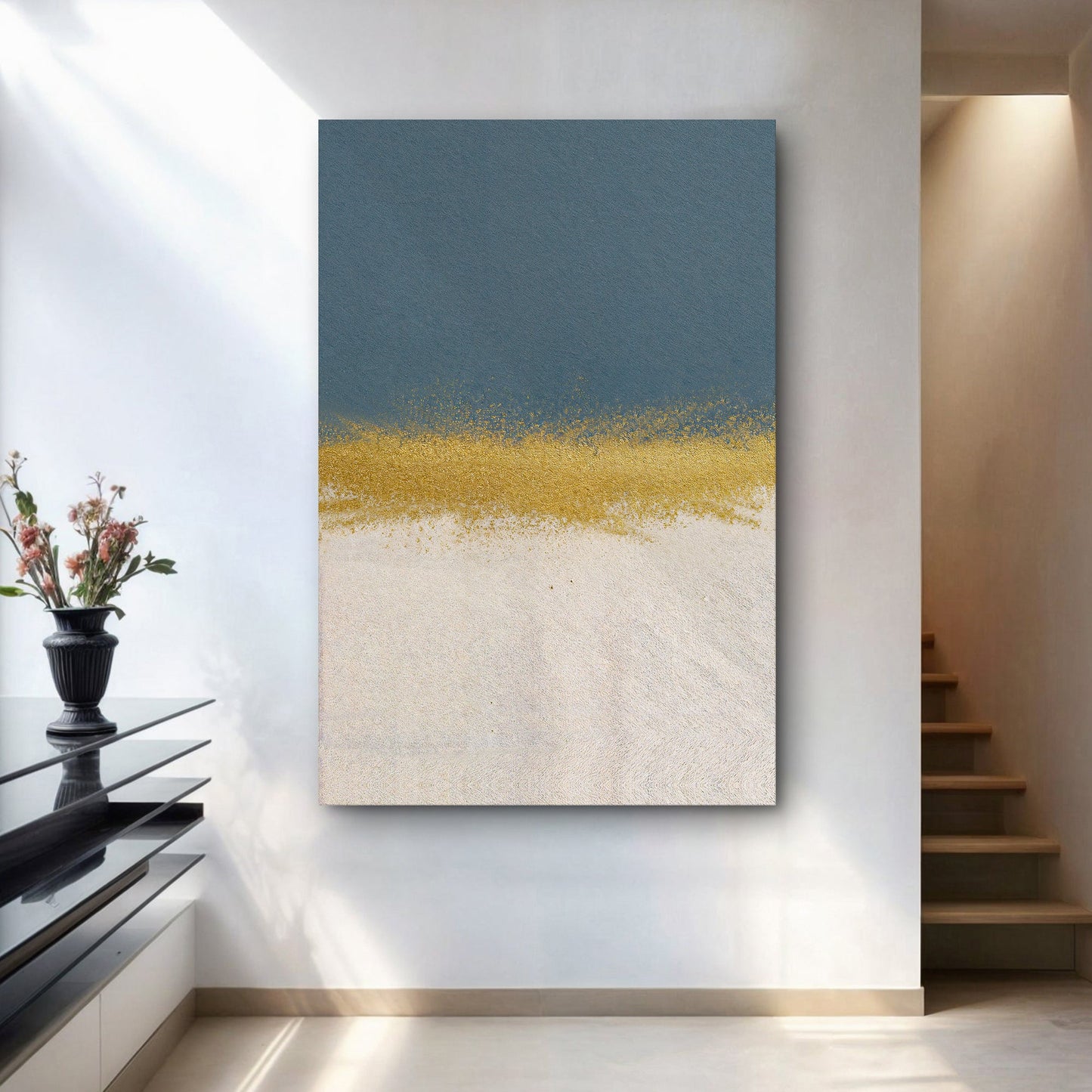 Minimalist Blue and Gold Abstract Canvas Wall Art