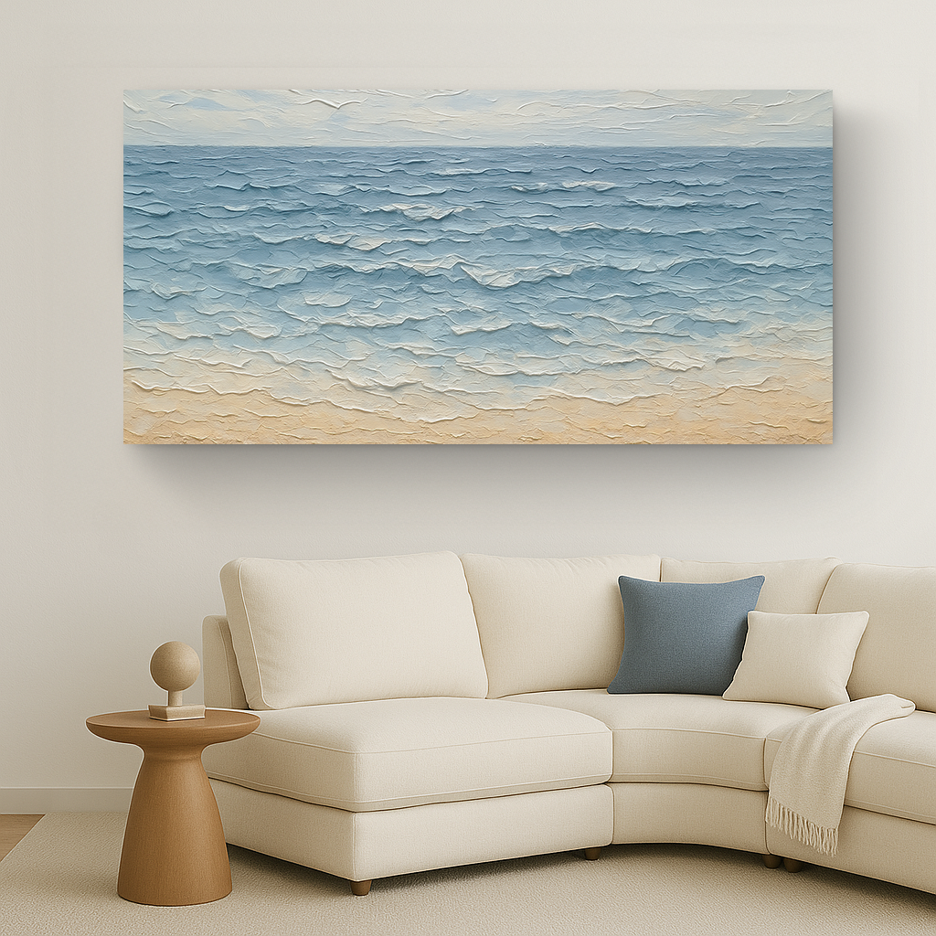 Serene ocean wave coastal canvas wall art in soft muted tones, ready to hang