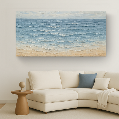 Serene ocean wave coastal canvas wall art in soft muted tones, ready to hang