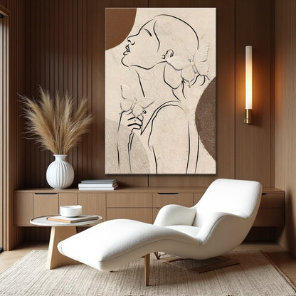 Woman Profile Line Art with Earth Tone Shape canvas shown in a styled room setting, view 3