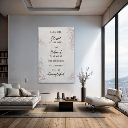 Luke 1:45 Blessed Is She Grey Linen-Look canvas shown in a styled room setting, view 3