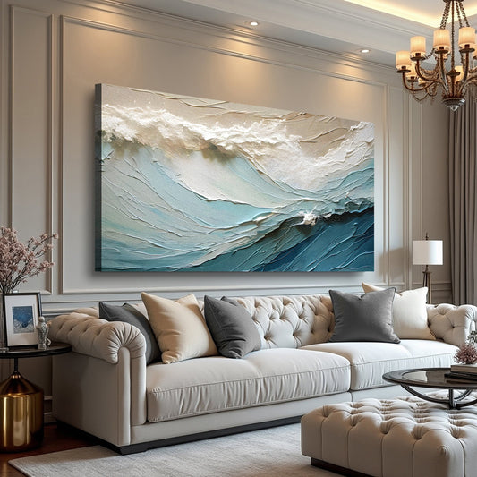 Cream and Blue Sea Wave Minimalist canvas shown in a styled room setting, view 2
