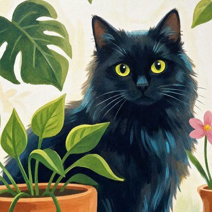 Close-up of the black cat's bright yellow eyes among monstera leaves and a pink flower in the artwork