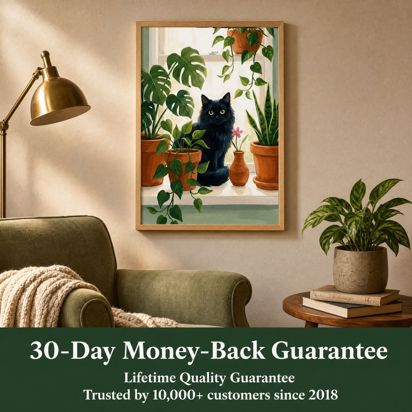 Framed cat and houseplant wall art in a reading corner, with 30-day money-back and lifetime quality guarantees