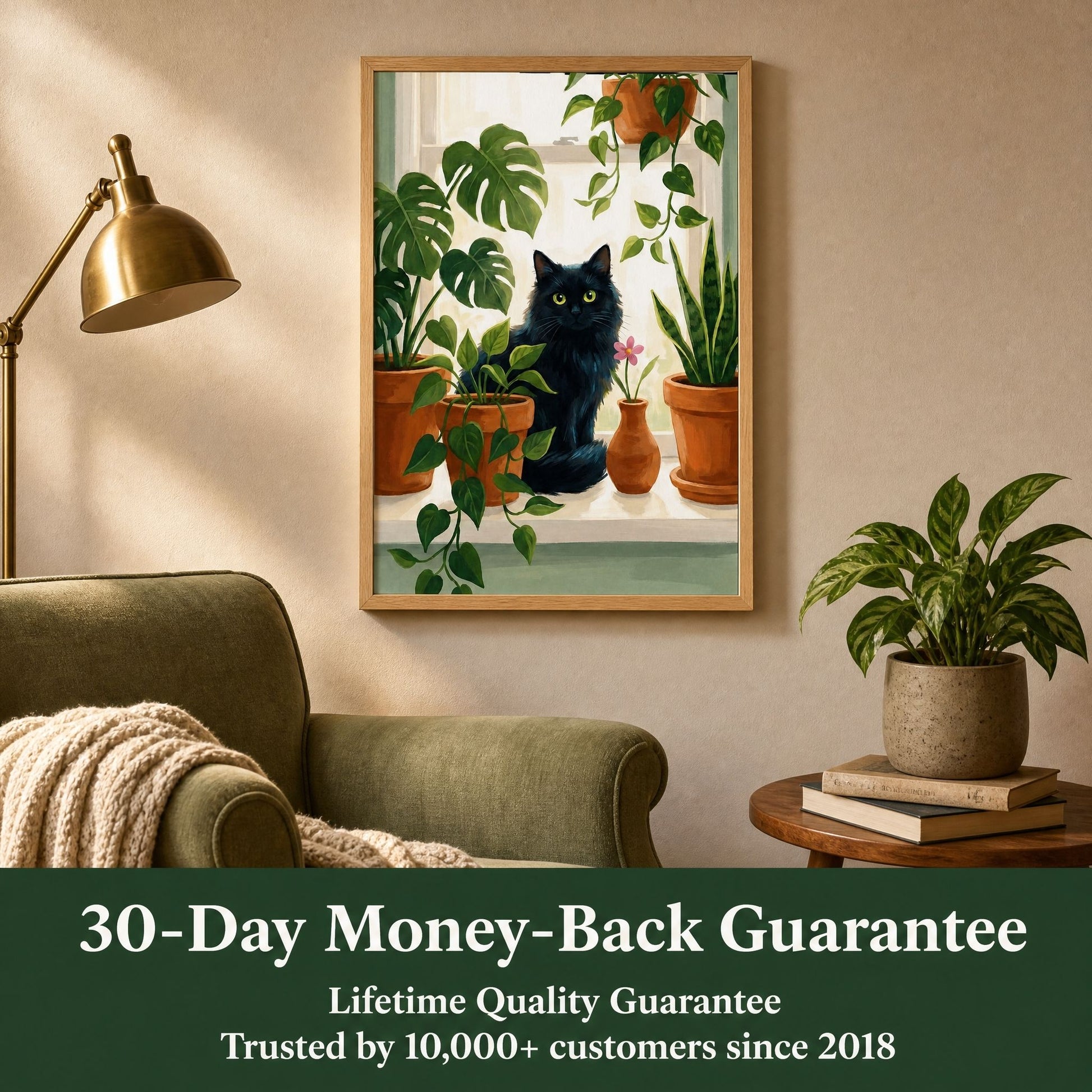 Framed cat and houseplant wall art in a reading corner, with 30-day money-back and lifetime quality guarantees