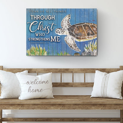 Philippians 4:13 Swimming Sea Turtle Blue Plank-Look canvas shown in a styled room setting, view 3