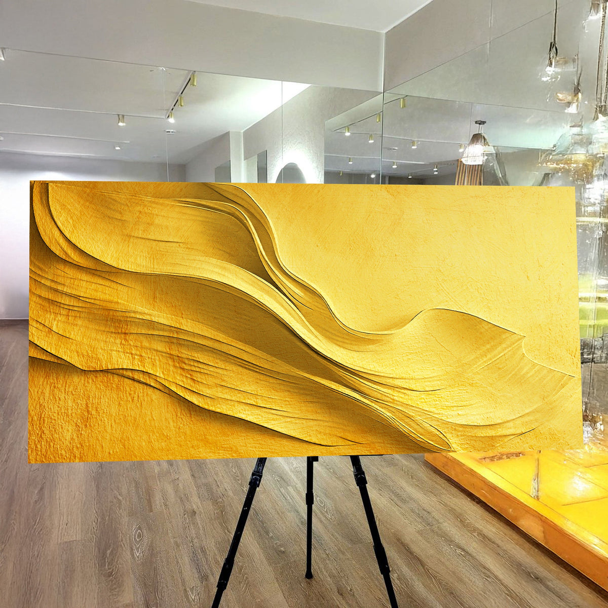 Golden Flowing Dune Waves canvas shown in a styled room setting, view 4