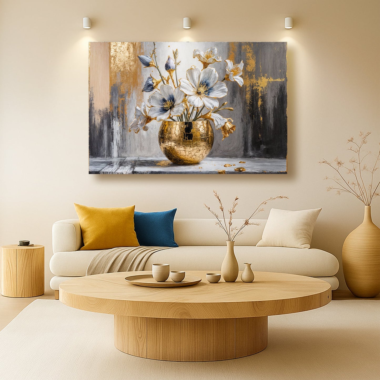 Magnolia Bloom in Gold Abstract Canvas Wall Art