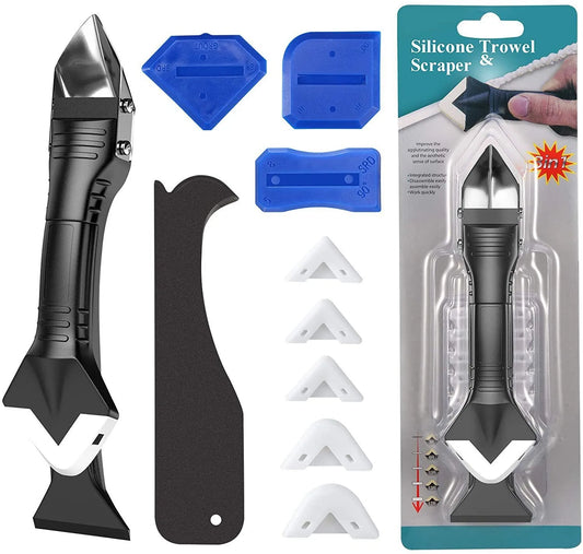 3 in 1 silicone caulking tool kit with blue finishing scrapers and white silicone tips
