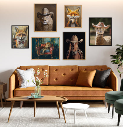 Lion Wearing a Western Cowboy Hat Framed Wall Art Print