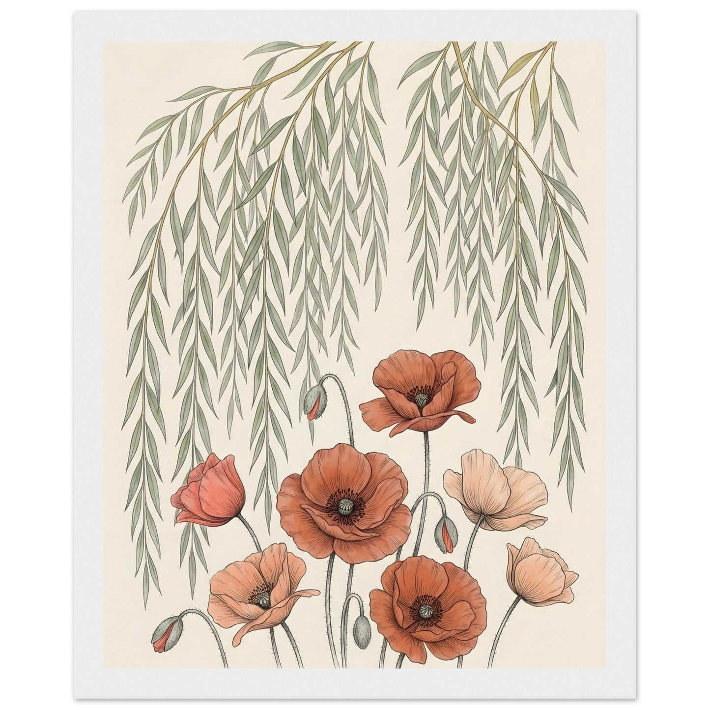 Willow Tree and Poppy Botanical 9th Anniversary Wall Art - 20x25 cm / 8x10″ / Museum-Quality Matte Paper Wooden Framed Poster - White frame - Sparkycare