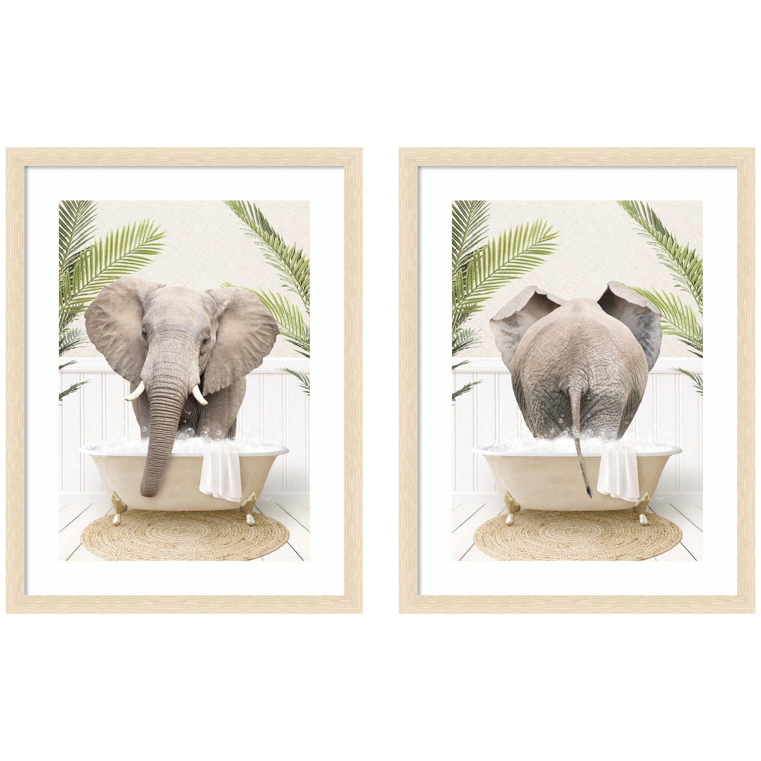 Elephant in palm bathtub two-piece framed wall art set for a bathroom