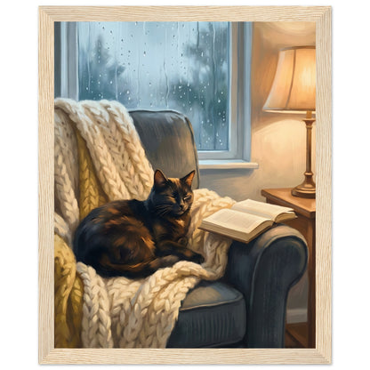 Cozy Cat Reading Poster - The Finishing Touch Your Reading Nook Needs - 20x25 cm / 8x10″ - Wood frame / Ready-to-hang - Sparkycare