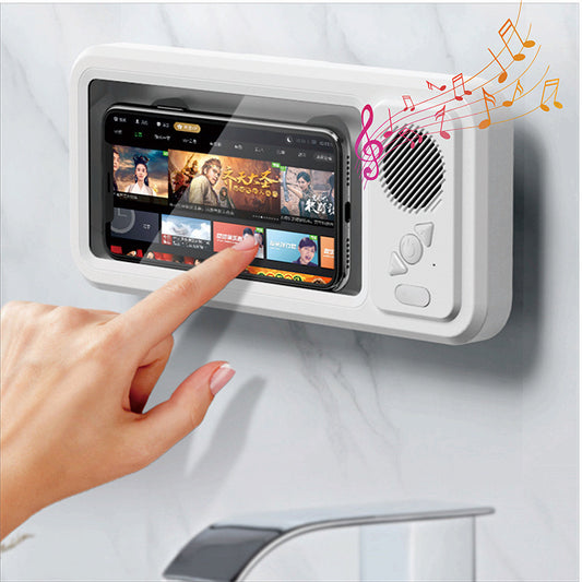 waterproof shower phone holder with Bluetooth speaker on tile wall