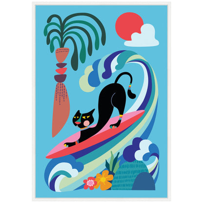 Whimsical Ocean Surf Cat Framed Canvas Wall Art