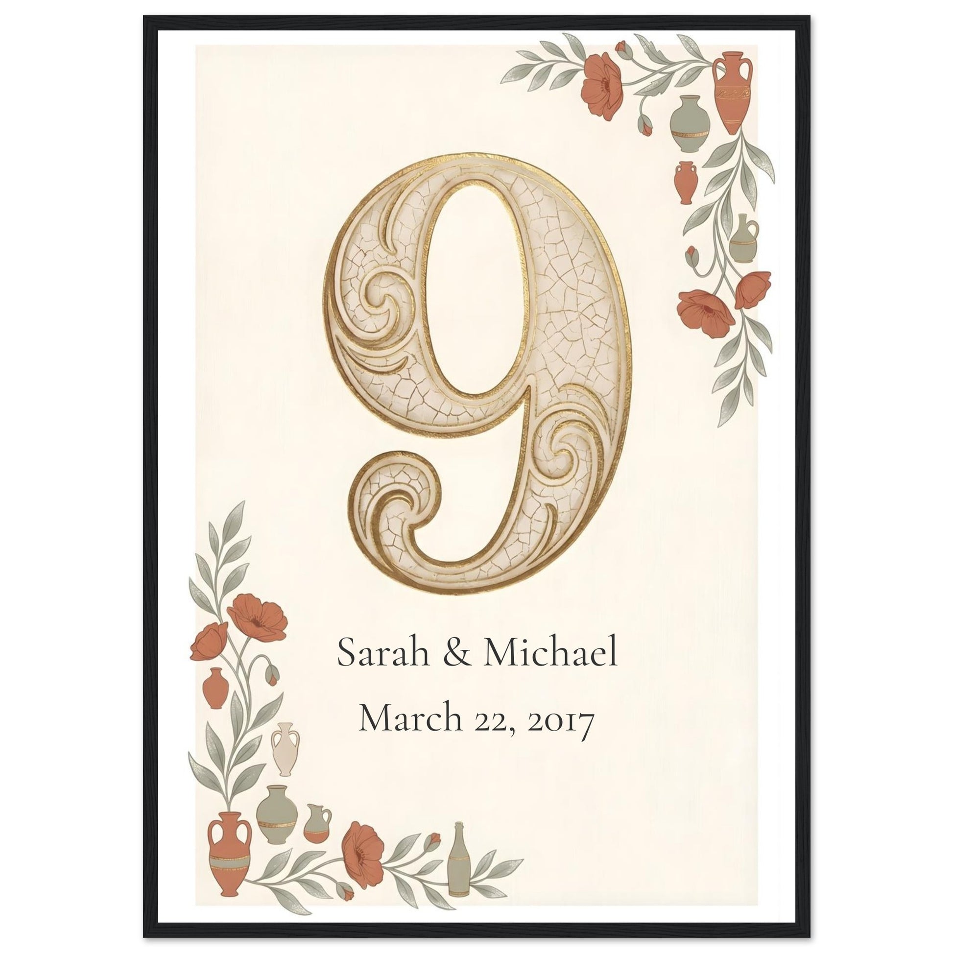 Personalized 9th Anniversary Wall Art - 50x70 cm / 20x28″ - Black frame / Ready-to-hang - Sparkycare