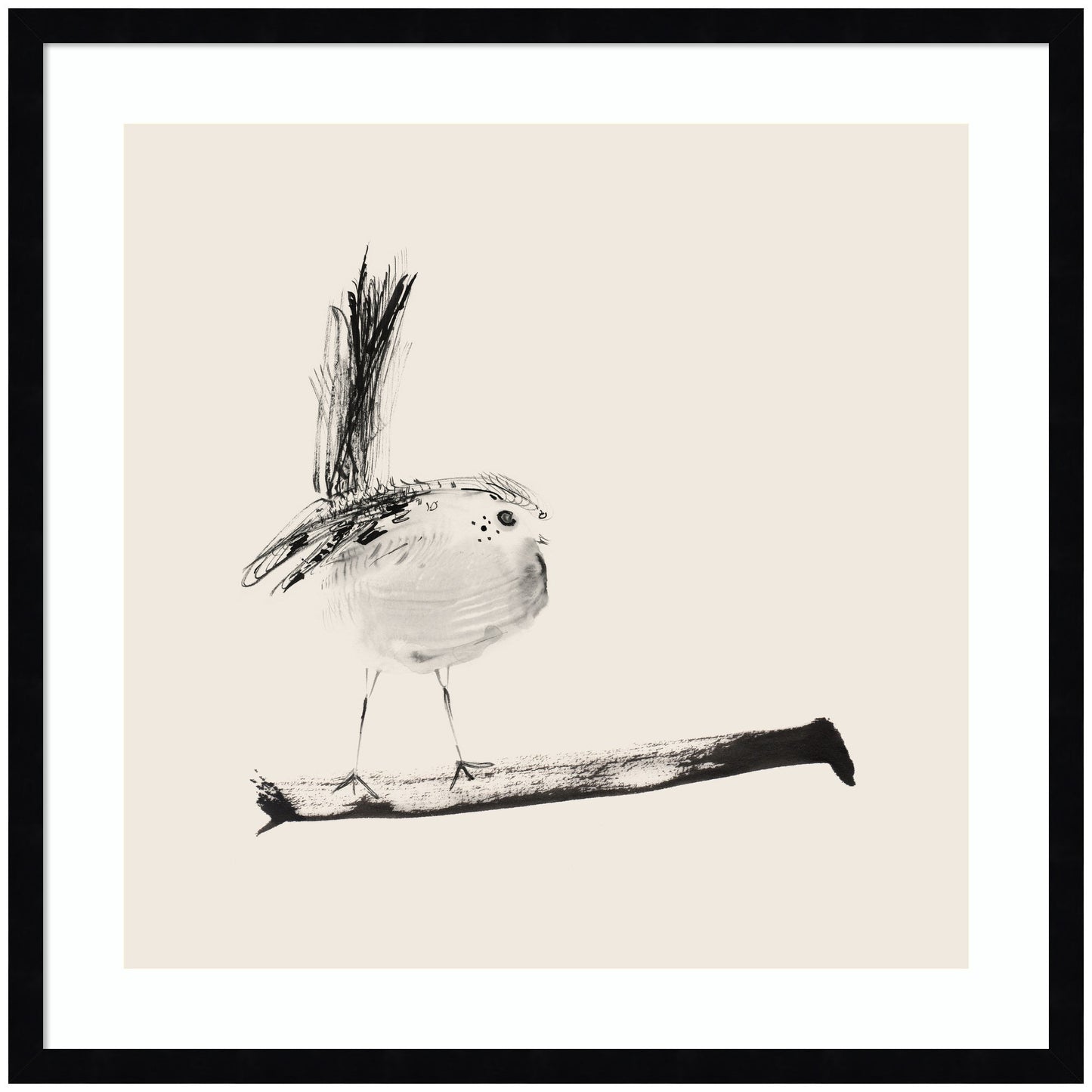 Framed sketched bird on a branch wall art print