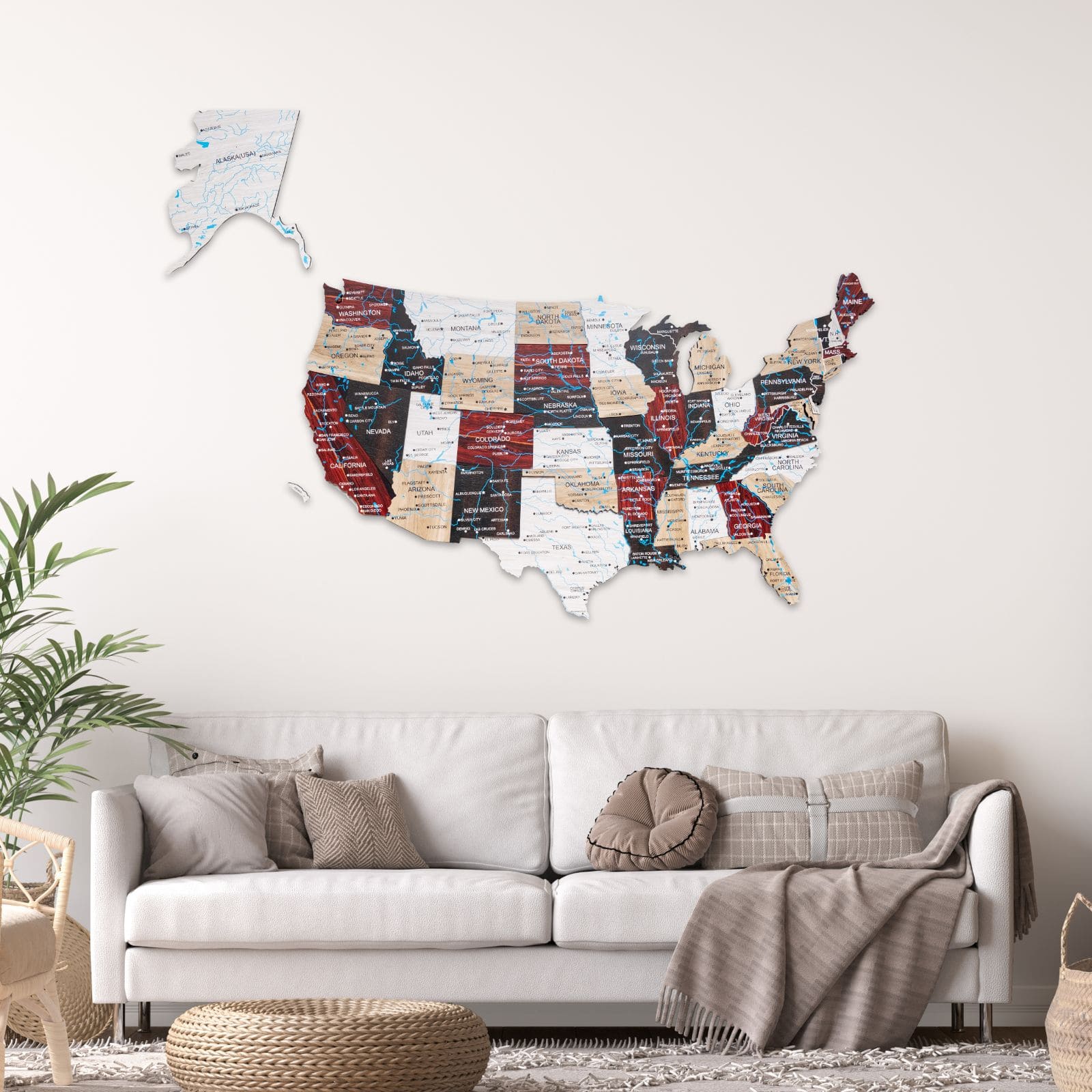Wood 3D USA map wall art in urban style on a wall
