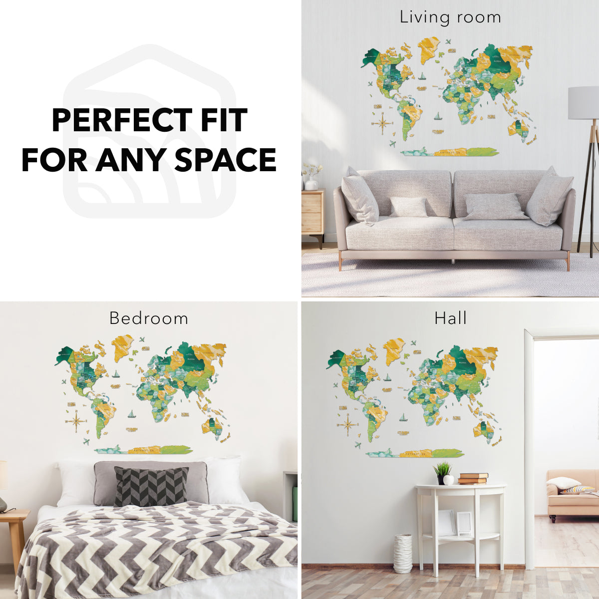 3D Wooden World Map Wall Art - Surface