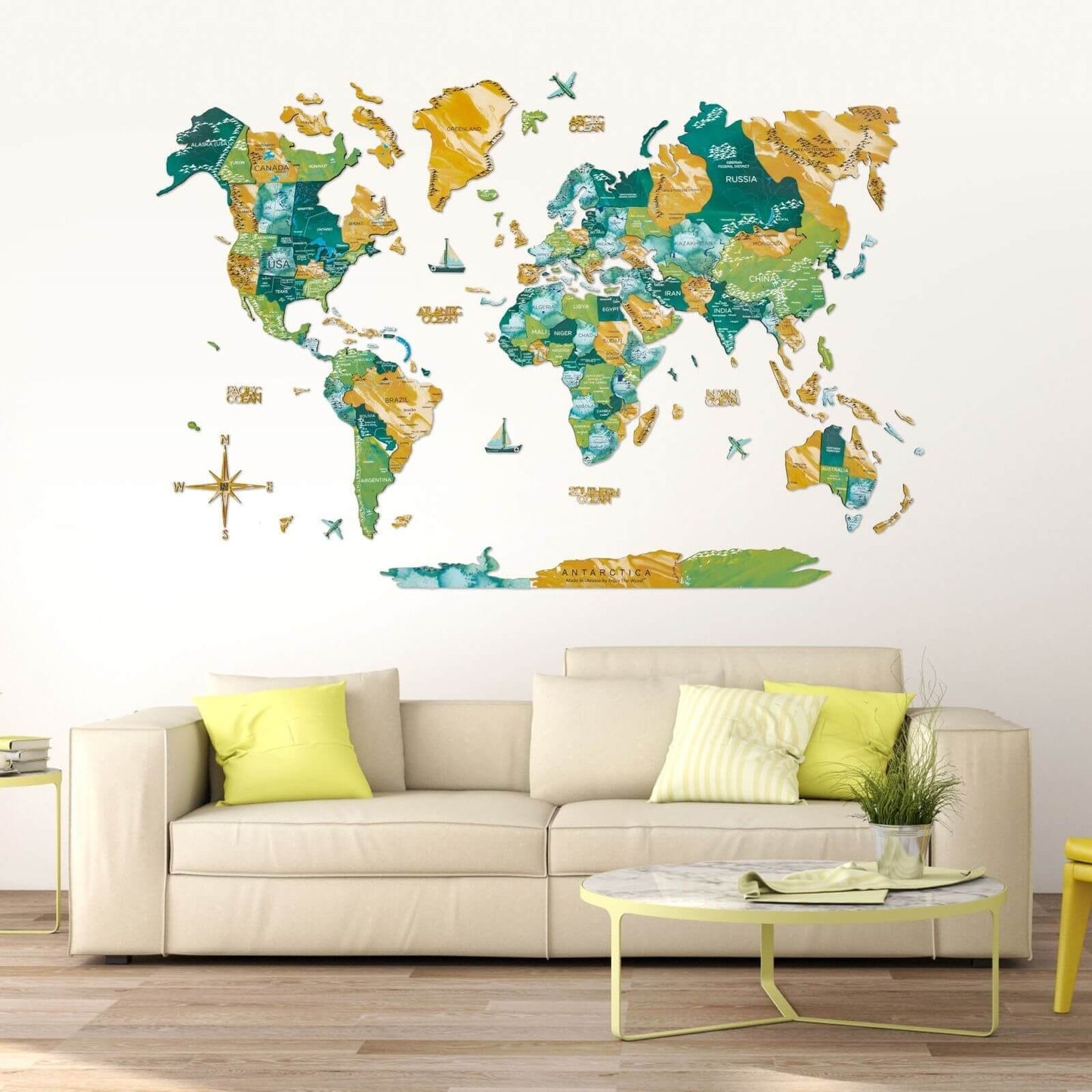 3D wooden world map wall art in Surface palette
