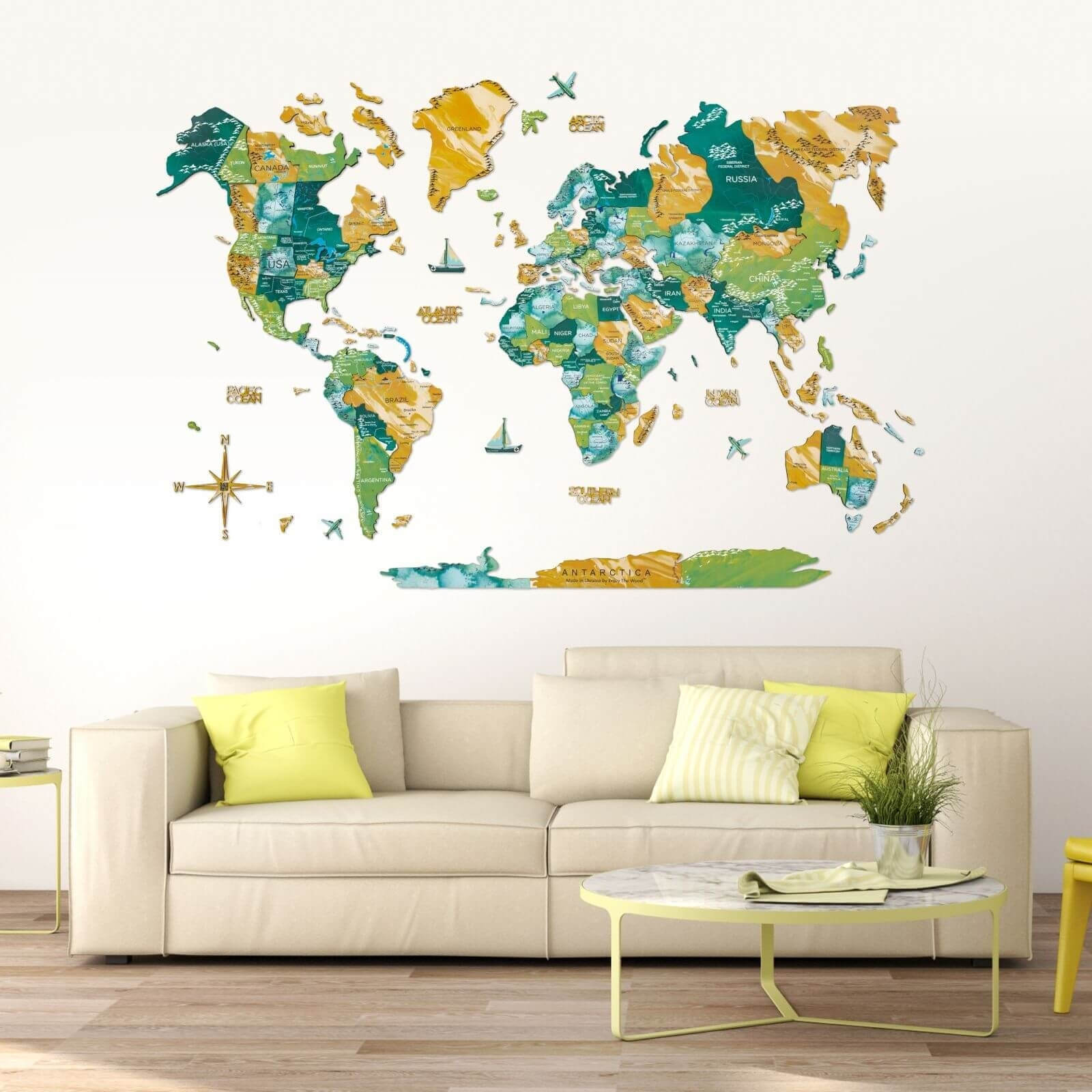 3D wooden world map wall art in Surface palette