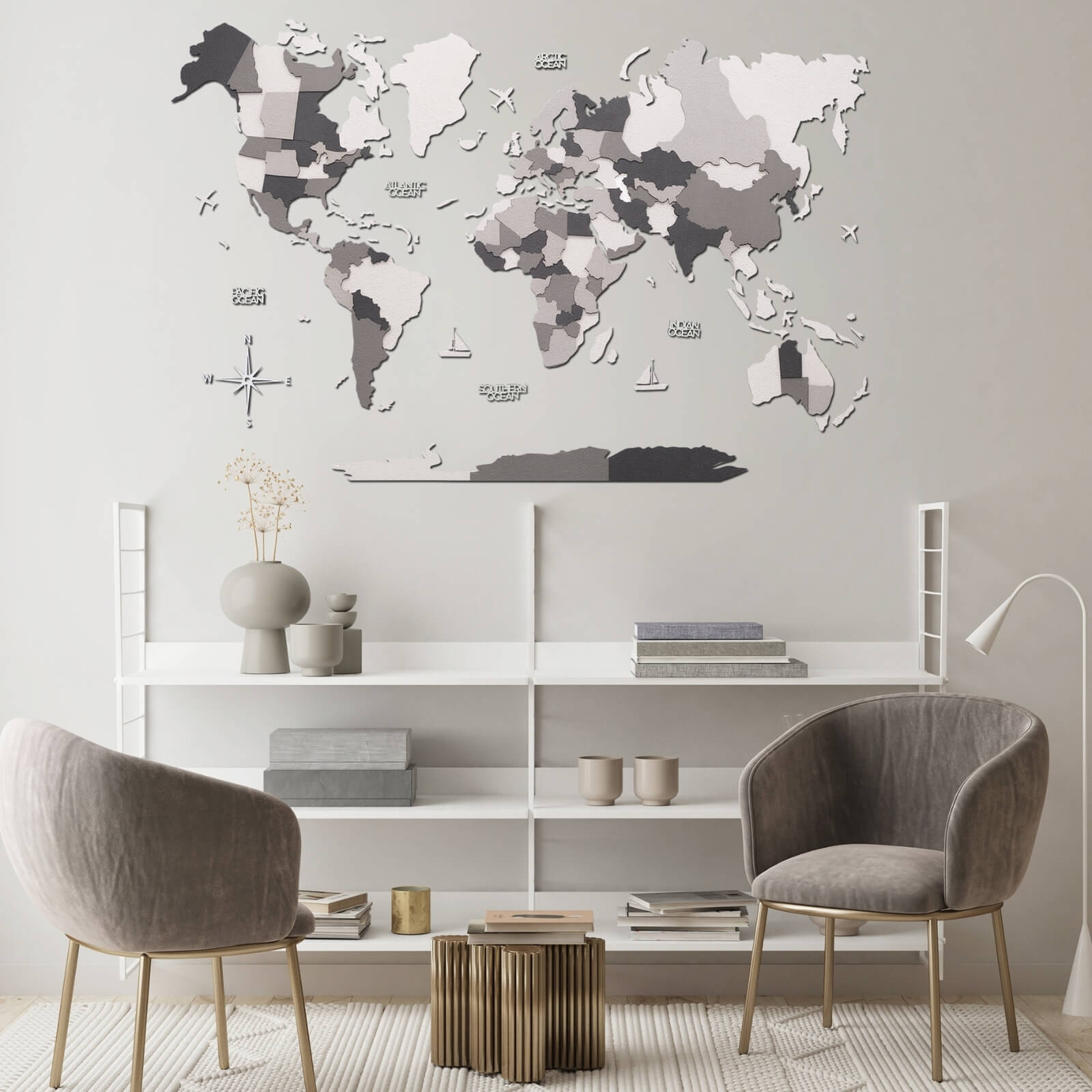 3D wooden world map wall art in Concrete palette