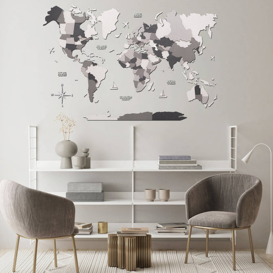 3D wooden world map wall art in Concrete palette