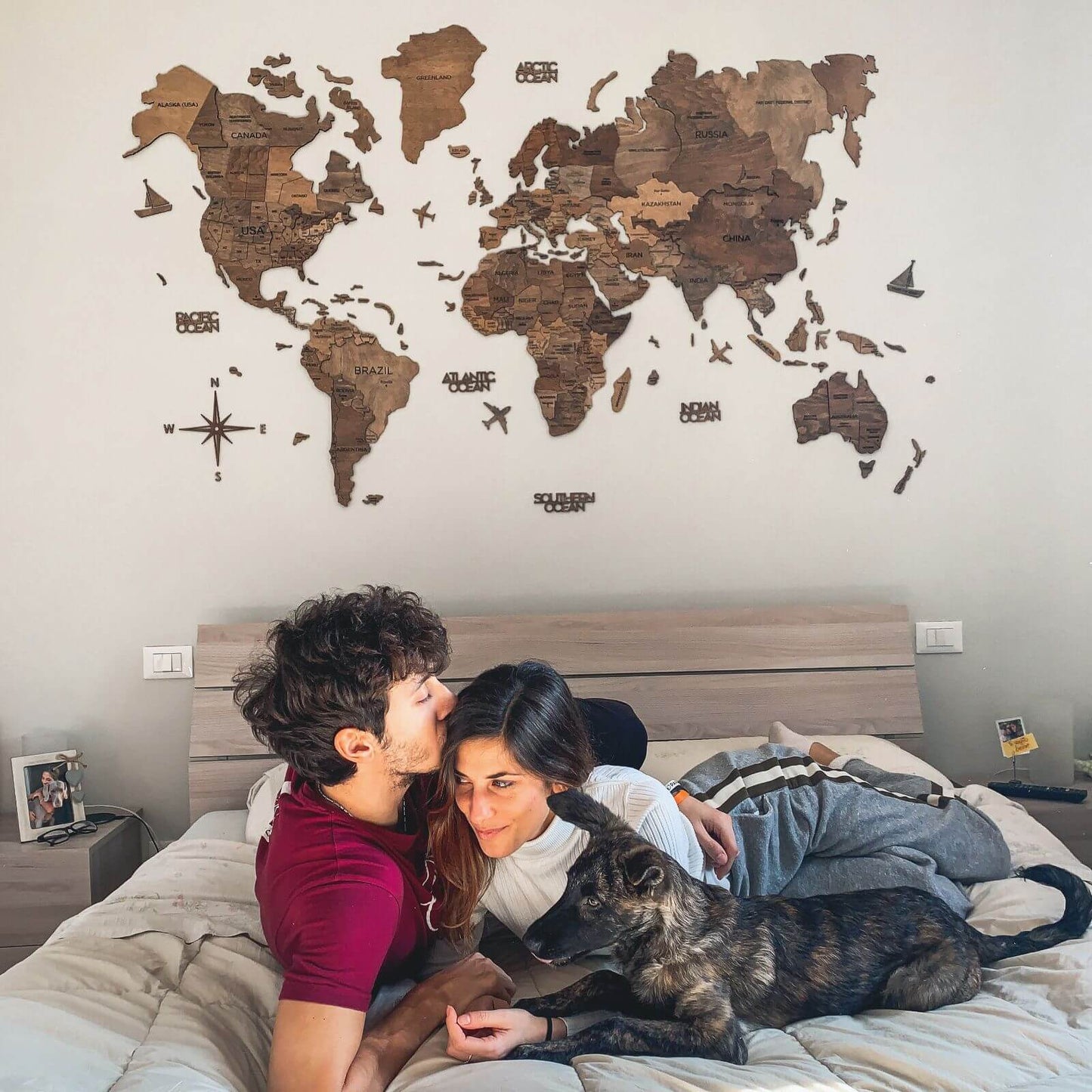 3D Wooden World Map Wall Art With Flag Pins