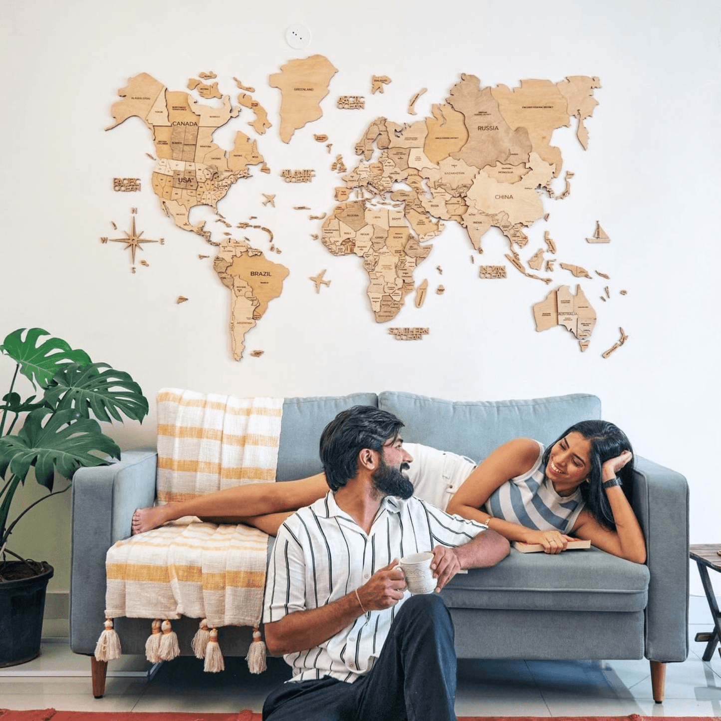 3D Wooden World Map Wall Art With Flag Pins