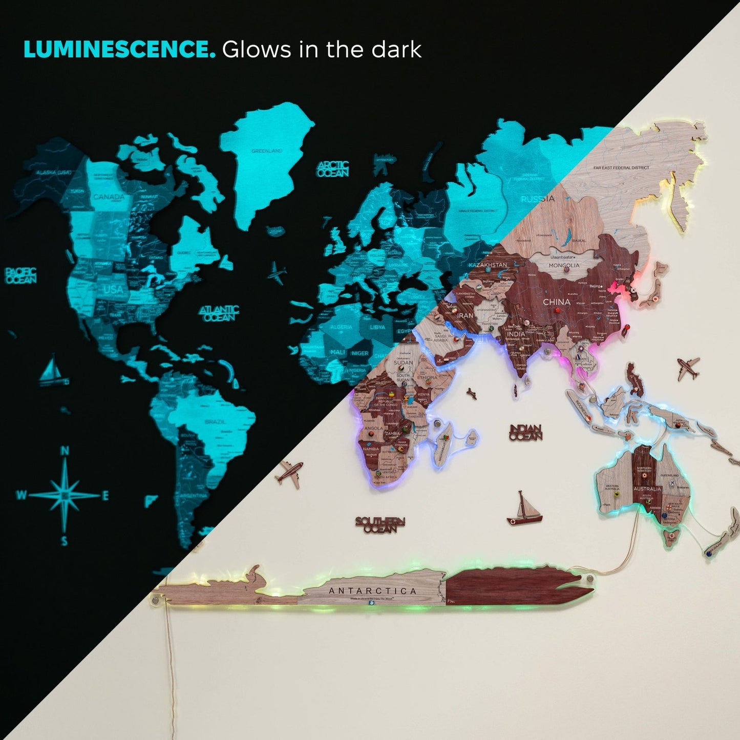 Luminous LED Wooden World Map Wall Art