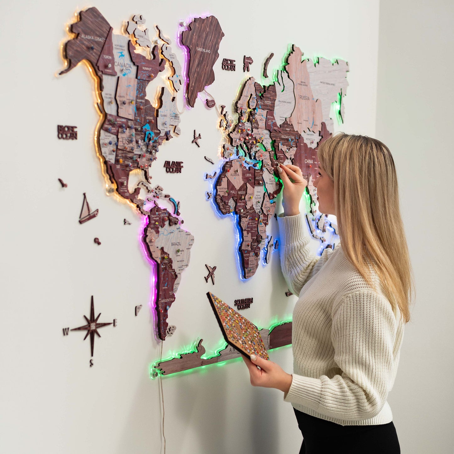 Luminous LED wooden world map wall art, colored finish
