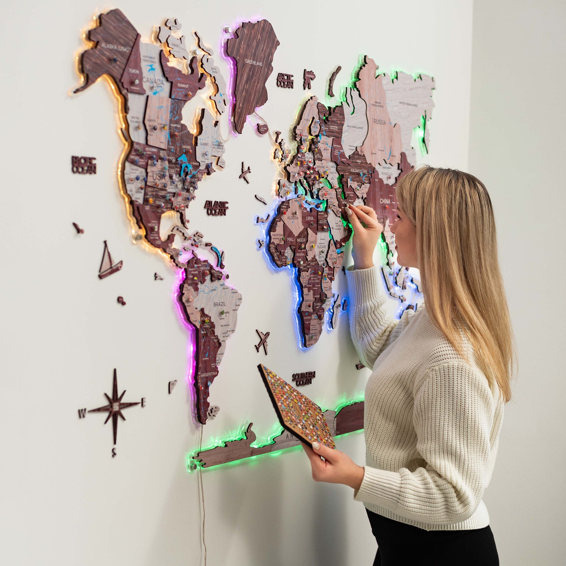 Luminous LED wooden world map wall art, colored finish