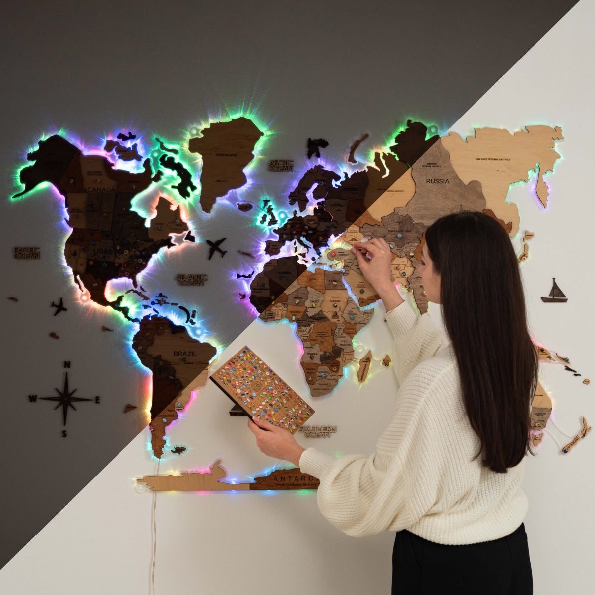 LED Wooden World Map Wall Art - Acrylic Base