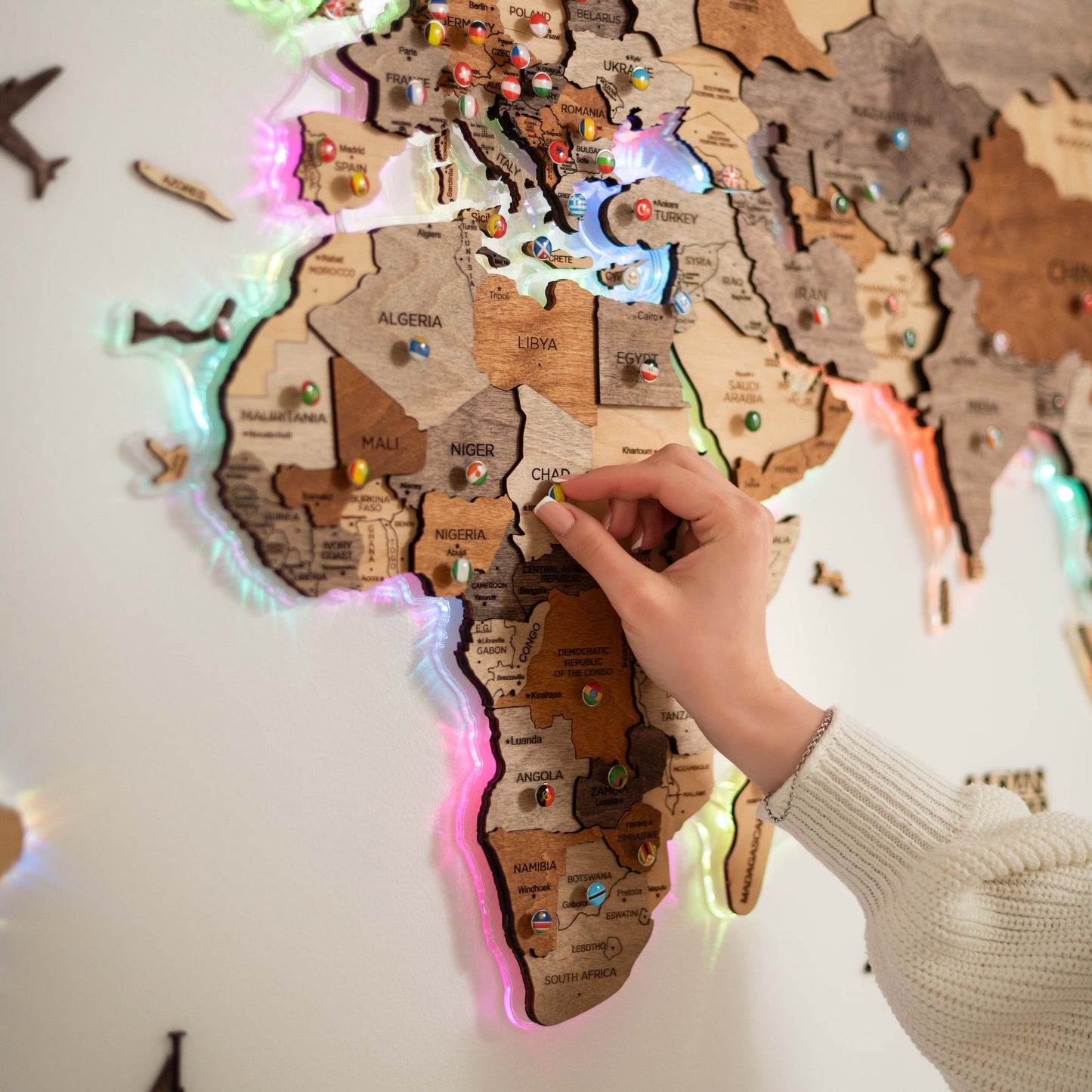 LED Wooden World Map Wall Art - Acrylic Base