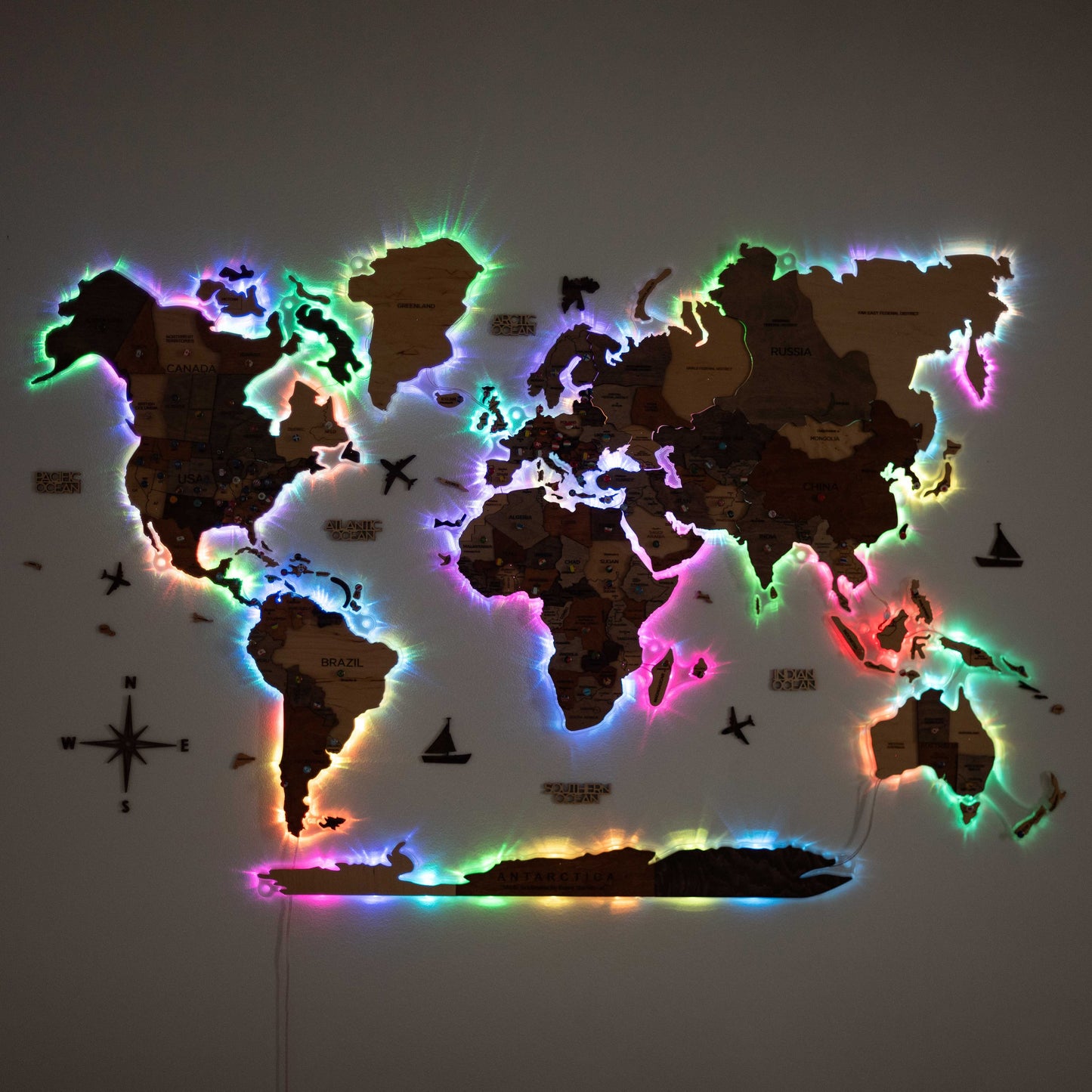 LED Wooden World Map Wall Art - Acrylic Base