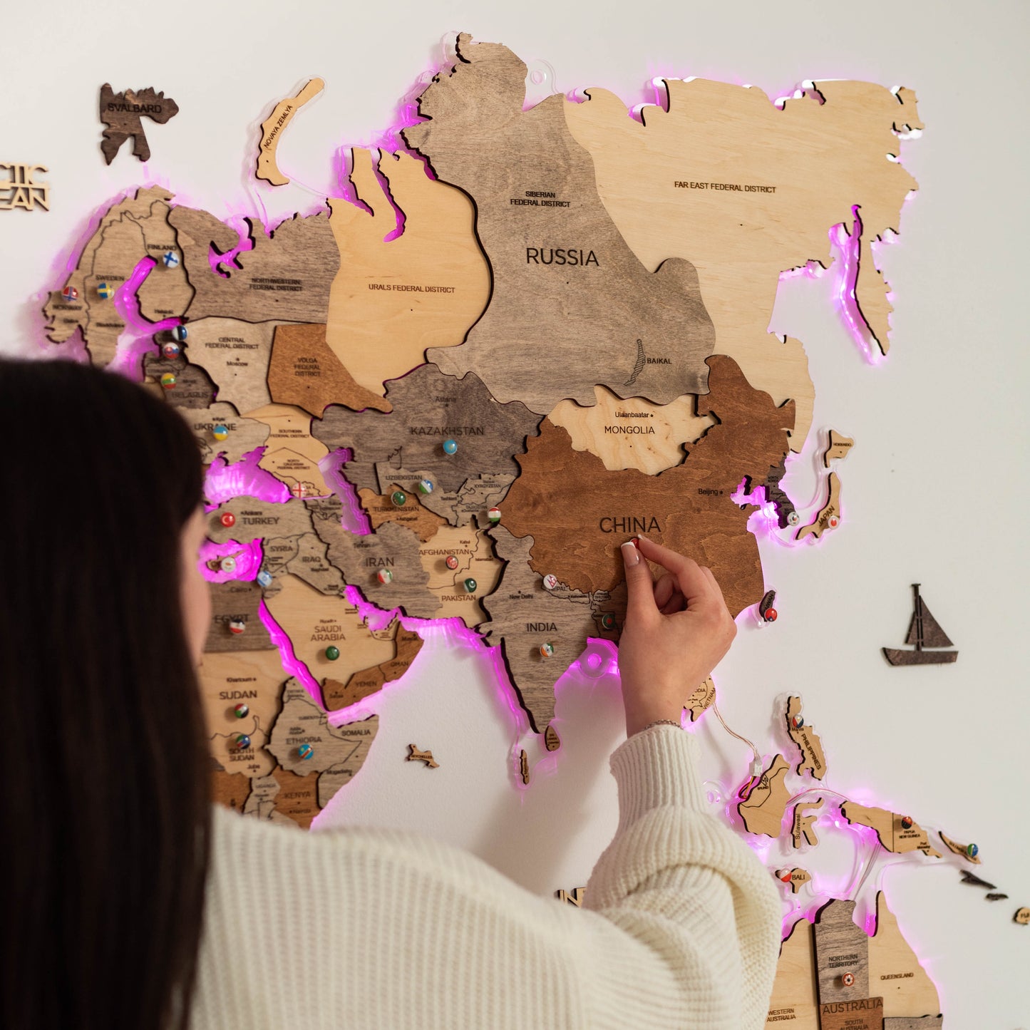 LED Wooden World Map Wall Art - Acrylic Base