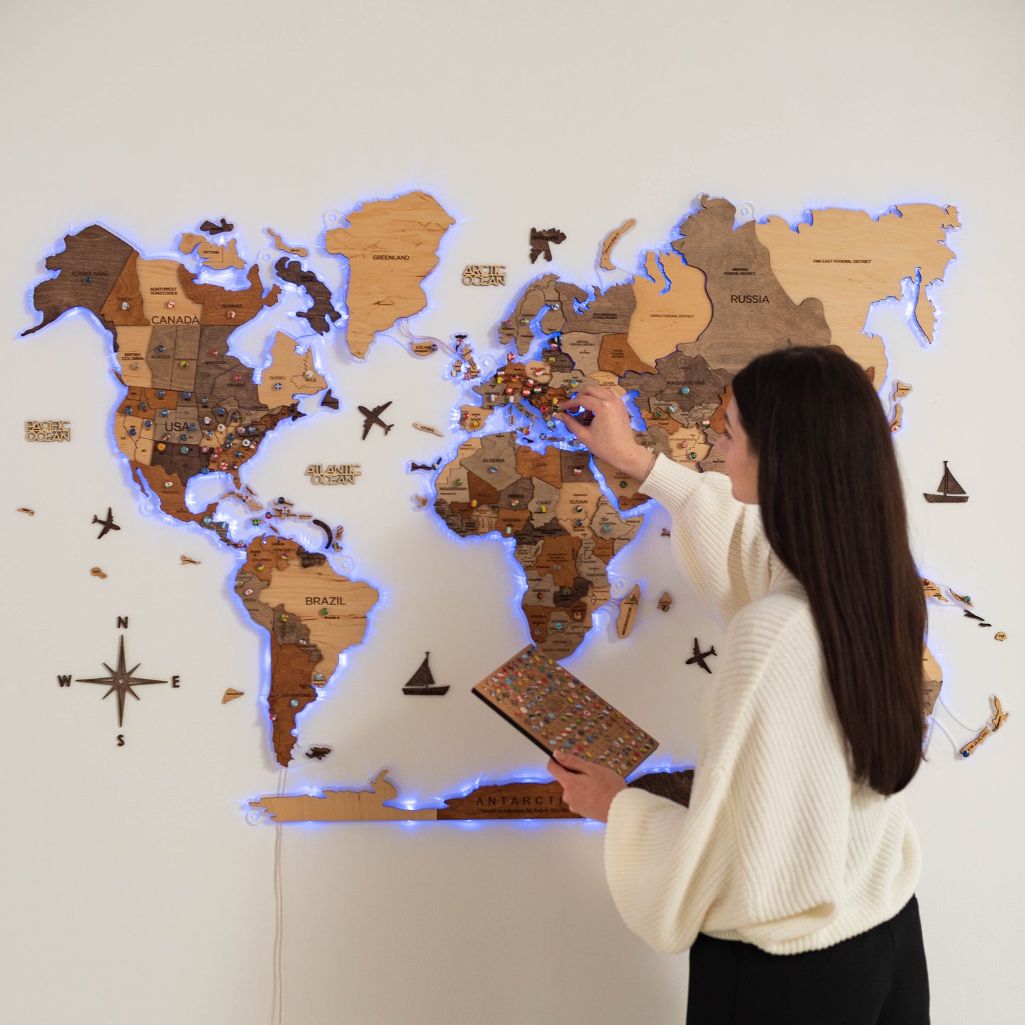 LED Wooden World Map Wall Art - Acrylic Base
