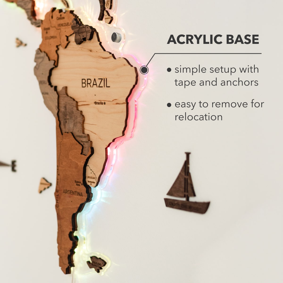 LED Wooden World Map Wall Art - Acrylic Base