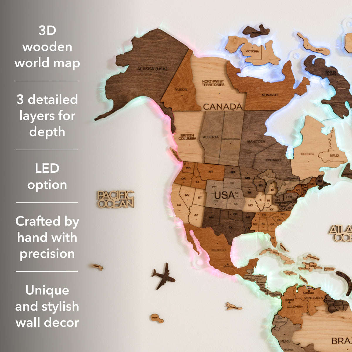 LED Wooden World Map Wall Art - Acrylic Base