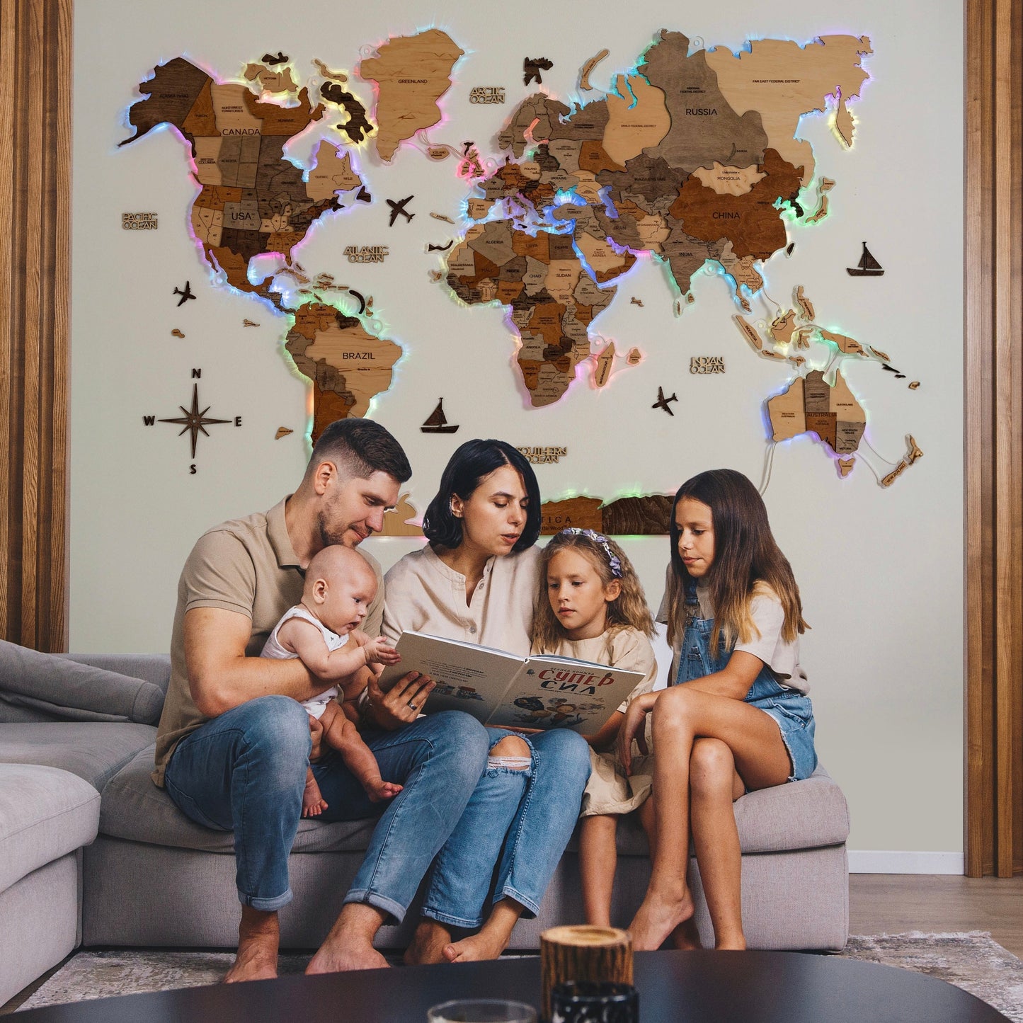 LED wooden world map wall art with acrylic base